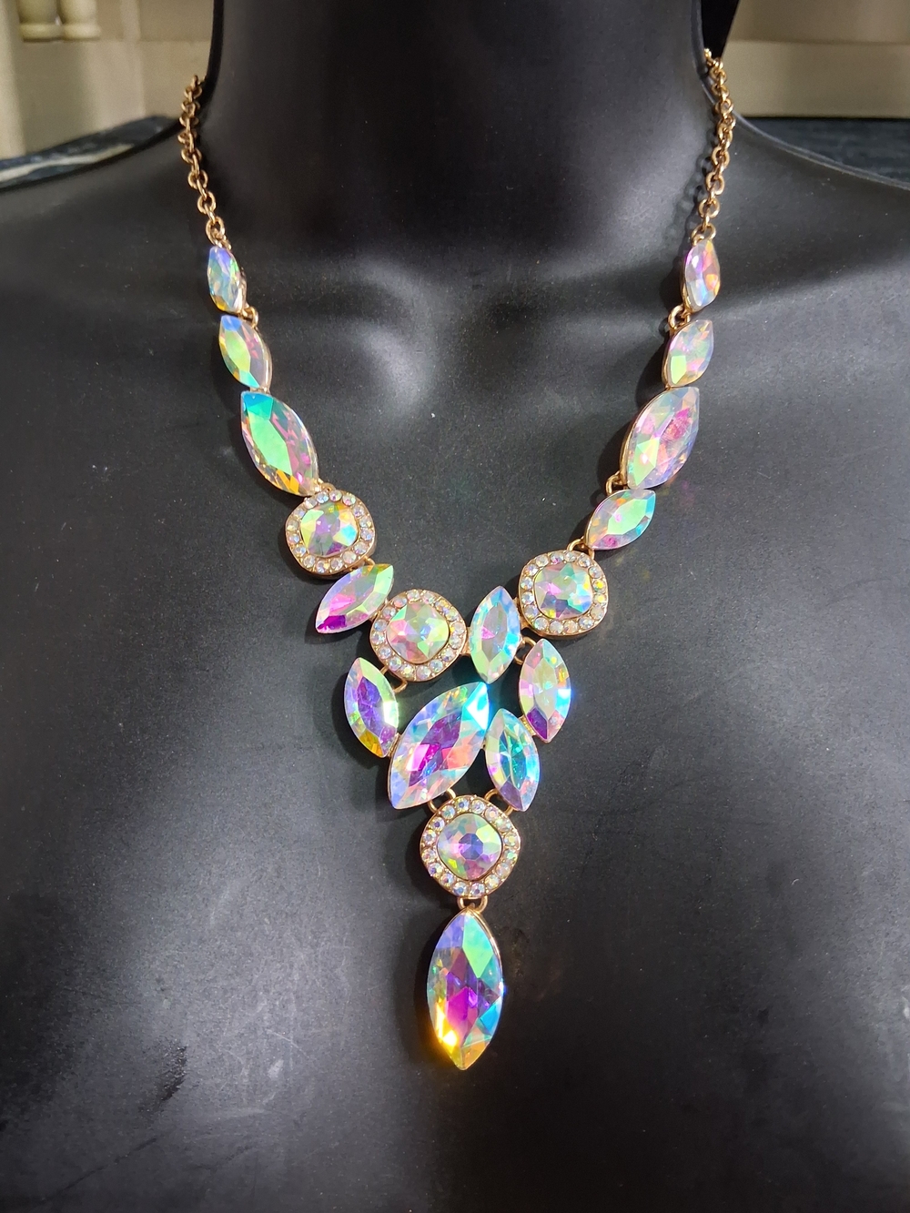 Aurora Borealis Iridescent Crystal Statement Necklace Gold Prom Pageant Wedding